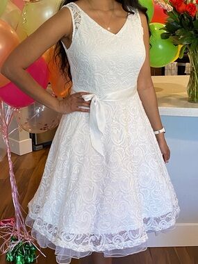 White Lace Fit-and-Flare Dress with Satin Waist Bow
